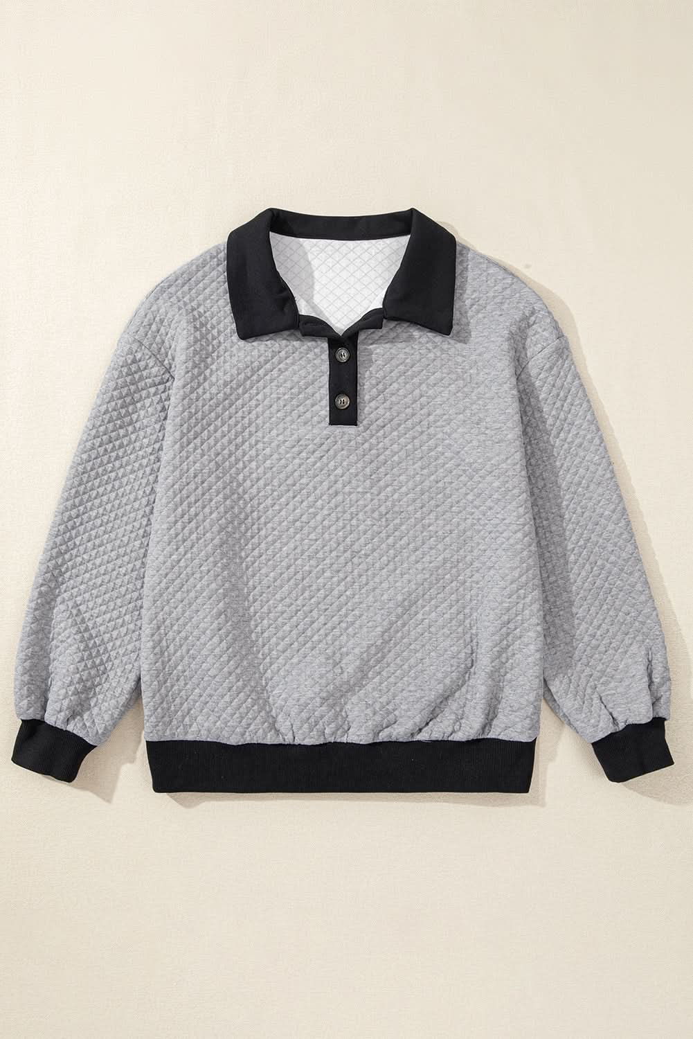 Light Grey Textured Colorblock Edge Buttoned Collar Sweatshirt - Love Salve